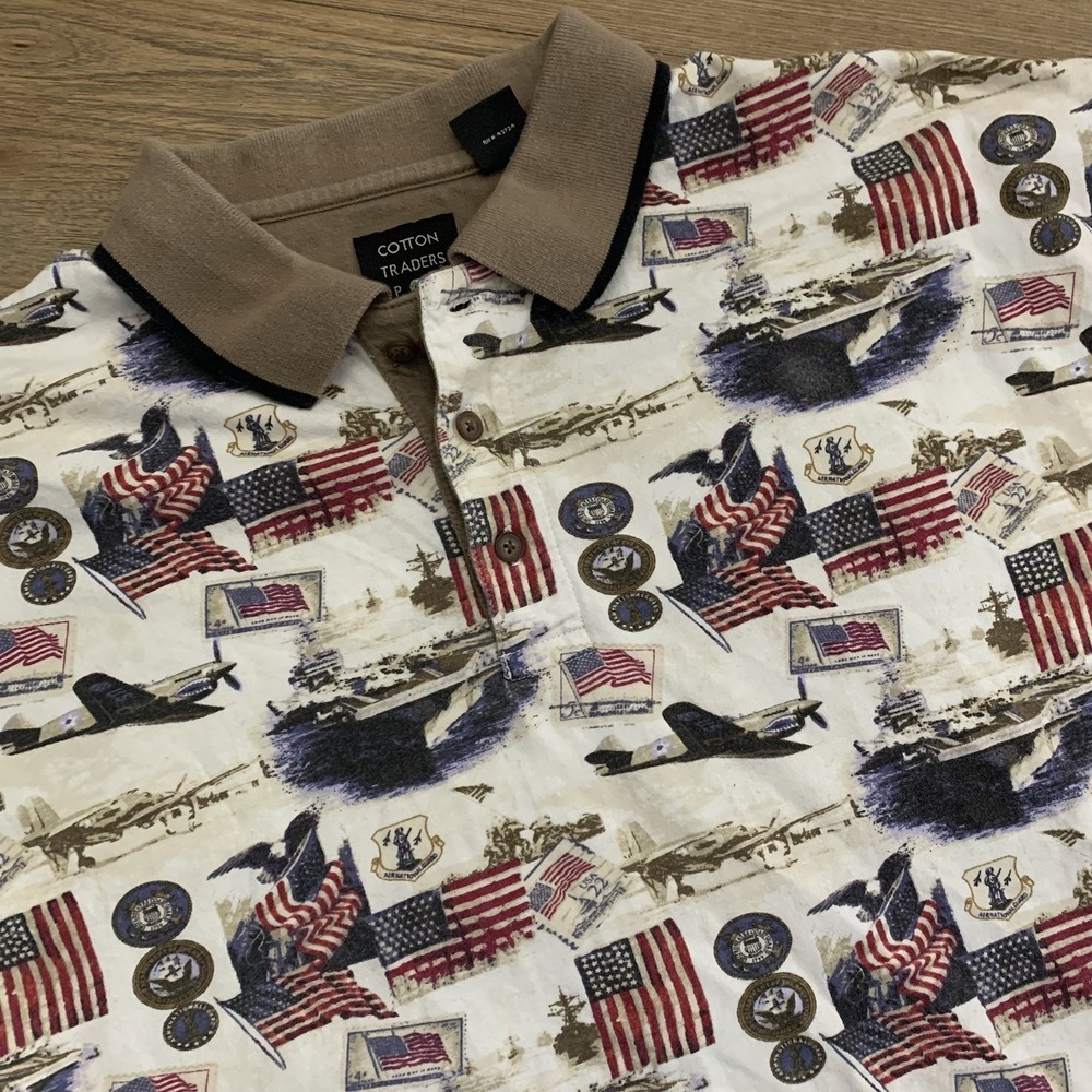VTG Cotton Traders Sport Men's Polo Shirt Sz L USA American Flag Plane 4th July